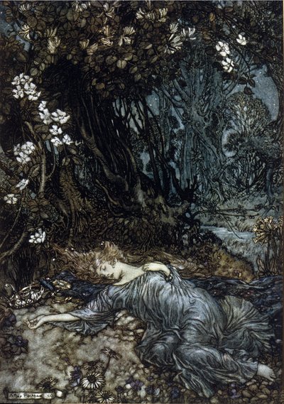 Titania de koningin van de feeën slaapt. Illustratie door Arthur RACKHAM (1867-1939) voor De droom van een zomernacht door William SHAKESPEARE door Arthur Rackham