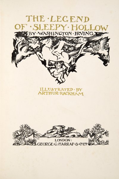 Titelpagina, uit De Legende van Sleepy Hollow door Washington Irving (1783 - 1859), pub. 1928 door Arthur Rackham