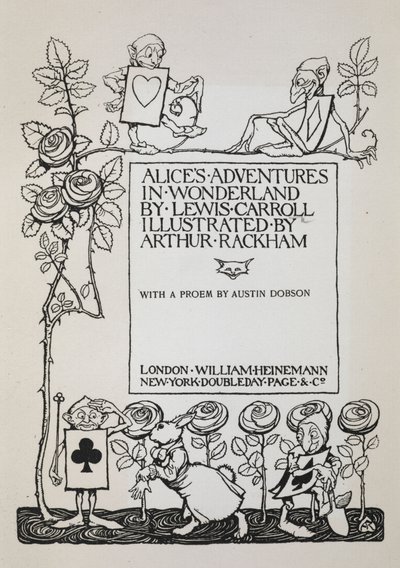 Titelpagina met een rozenstruik, het Witte Konijn en mannen verkleed als kaarten door Arthur Rackham