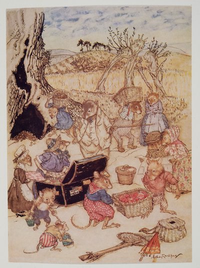 Vandaag echter, hoewel ze beleefd genoeg waren, leken de veldmuizen en oogstmuisjes afgeleid, uit Wind in the Willows van Kenneth Grahame, pub. 1940 door Arthur Rackham