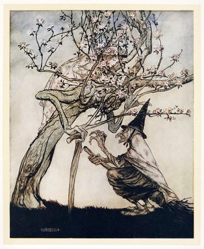 Boom van mij! O boom van mij! Heb je mijn stoute kleine meid gezien?, uit Engelse sprookjes, pub. 1922 door Arthur Rackham