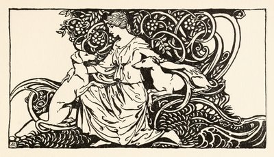 Tuiren met Bran en Sceólan, uit The Birth of Bran in Irish Fairy Tales door Arthur Rackham