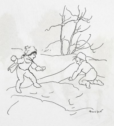 Twee kinderen die een sneeuwballengevecht houden door Arthur Rackham