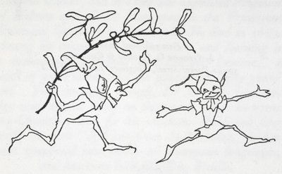Twee elfen spelen, een draagt een takje maretak door Arthur Rackham