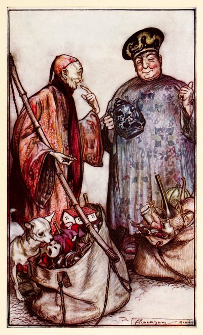 Twee van die wijzen... als kramers onder ons (zich uitdrukkend met dingen die ze bij zich dragen), uit Deel III: Een reis naar Laputa, Balnibarbi, Luggnagg, Glubbdubdrib en Japan in Gullivers Reizen door Arthur Rackham