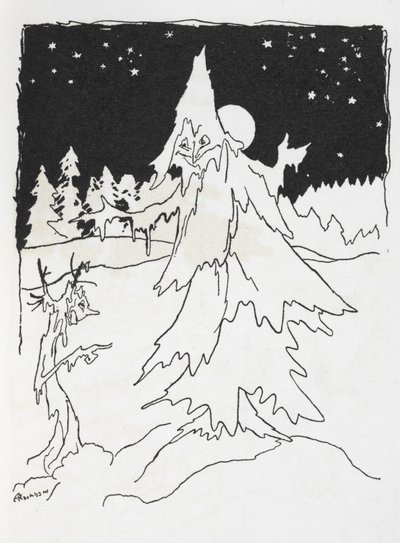 Twee boom-mannen in een besneeuwd bos door Arthur Rackham