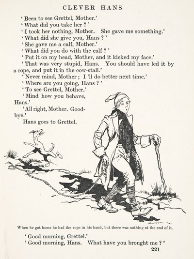 Toen hij thuis kwam, had hij het touw in zijn hand, maar er zat niets aan het einde van, uit De Sprookjes van de Gebroeders Grimm, uitgegeven 1909 door Arthur Rackham