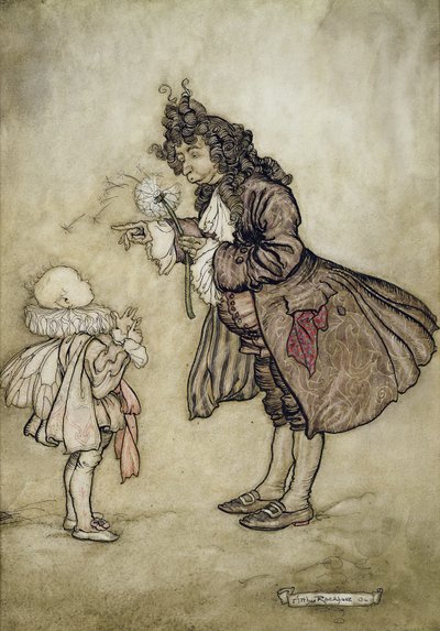 Wanneer Hare Majesteit de Tijd Wil Weten, uit Peter Pan in Kensington Gardens door J.M. Barrie, uitgegeven door Hodder and Stoughton, 1906 door Arthur Rackham