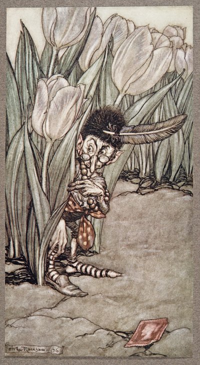 Toen hij Peters stem hoorde, dook hij geschrokken achter een tulp, uit Peter Pan in Kensington Gardens door J M Barrie (1860 - 1937), pub. 1906 door Arthur Rackham