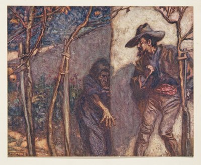 Toen hij over de muur ging, was hij doodsbang om de heks voor zich te zien, uit De Sprookjes van de Gebroeders Grimm, uitgegeven 1909 door Arthur Rackham
