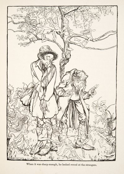 Toen het scherp genoeg was, keek hij rond naar vreemden, uit Kleine Broer & Kleine Zus en Andere Verhalen door de Gebroeders Grimm, pub.1917 (litho) door Arthur Rackham