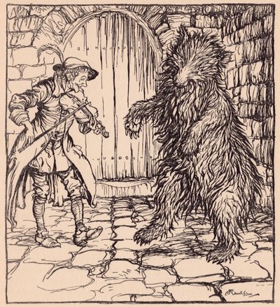 Toen de beer de muziek hoorde, kon hij niet anders dan beginnen te dansen. Illustratie door Arthur Rackham uit Grimm