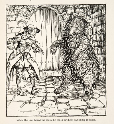Toen de beer de muziek hoorde, kon hij niet anders dan beginnen te dansen, uit Kleine Broer & Kleine Zus en Andere Verhalen door de Gebroeders Grimm, uitgegeven 1917 door Arthur Rackham