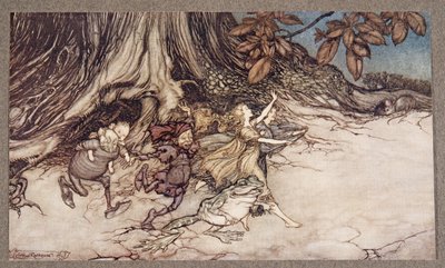 Wanneer ze denken dat je niet kijkt, huppelen ze vrolijk rond, uit Peter Pan in Kensington Gardens door J M Barrie, pub. 1906 door Arthur Rackham