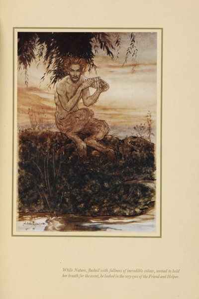 Terwijl de natuur, vol ongelooflijke kleuren, haar adem inhield voor het evenement, keek hij in de ogen van de vriend en helper. Pan, zittend aan de oever van een rivier door Arthur Rackham