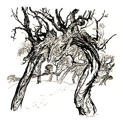 Fluisterende bomen, uit A Dish of Apples door Arthur Rackham