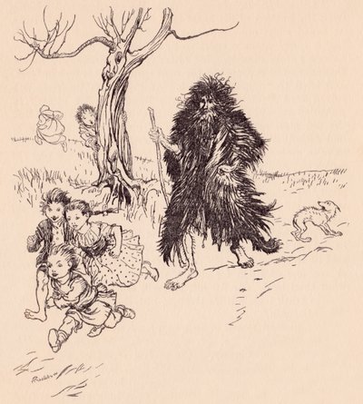 Wie hem zag, rende weg. Illustratie door Arthur Rackham uit Grimm