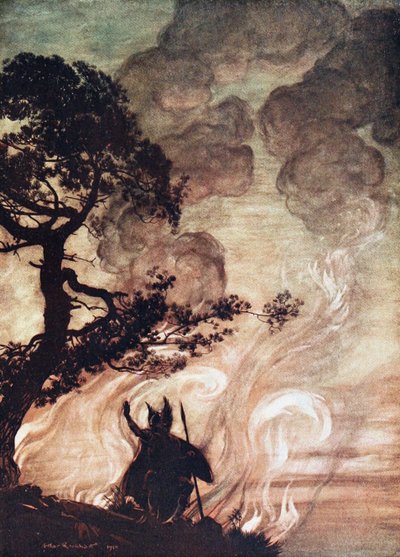 Wotan draait zich om en kijkt verdrietig terug naar Brünnhilde. Illustratie voor De Rijn en De Walkure door Arthur Rackham