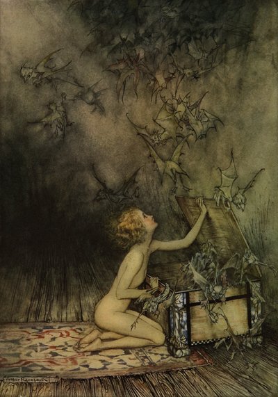 Jong meisje en vleermuisachtig wezen door Arthur Rackham