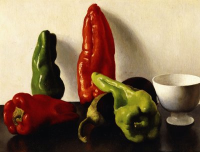 Stilleven met rode en groene pepers door Arthur Segal
