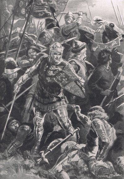 Hendrik V en de hertog van Alençon bij de Slag bij Agincourt, 25 oktober 1415, illustratie uit 