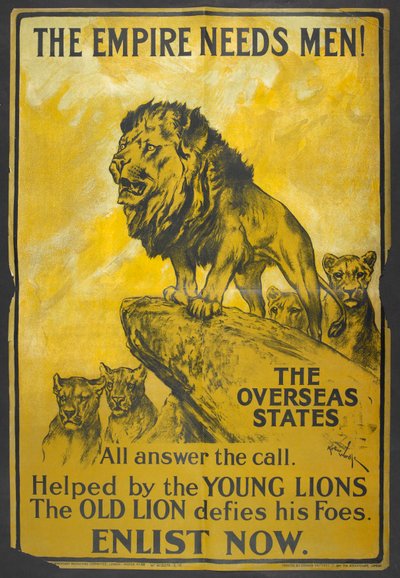 Het rijk heeft mannen nodig! Een wervingsposter gericht op de Britse koloniën. door Arthur Wardle