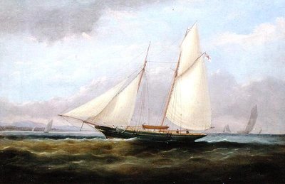 Een schoenerjacht onder gemakkelijke zeil, met haar fokzeil neergelaten door Arthur Wellington Fowles