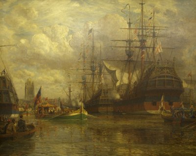 Koningin Elizabeth vaart de Avon af om Hungroad te bezoeken, 1574, 1916 door Arthur Wilde Parsons
