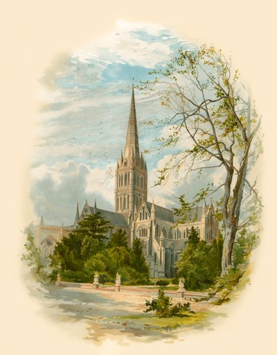 Kathedraal van Salisbury, vanuit het paleis van de bisschop door Arthur Wilde Parsons
