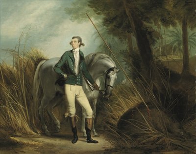 Een heer op wilde zwijnenjacht in een Indiaas landschap door Arthur William Devis