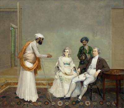 Portret van rechter Suetonius Grant Heatly en Temperance Heatly met hun Indiase bedienden, in een interieur in Calcutta door Arthur William Devis