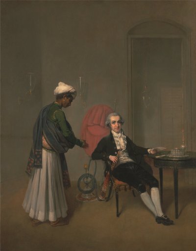 Portret van een heer, mogelijk William Hickey, en een Indiaanse bediende door Arthur William Devis