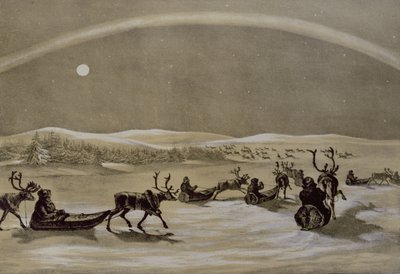 Een bijzondere verschijning van het noorderlicht boven een kudde rendieren van een Laplander die de Jerdis Javri oversteekt, uit Winter Sketches in Lapland, gegraveerd door James Duffield Harding (1798-1863) 1825 door Arthur de Capell Brooke