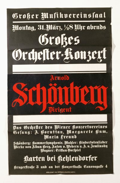 Een poster die een concert met werken van Schönberg aankondigt (poster) door Artist Unknown