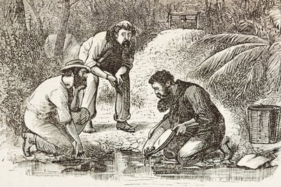 Australië (1880). Het leven van de goudzoekers in Botany Bay (gesticht in 1788). Gravure. Privécollectie door Artist Unknown