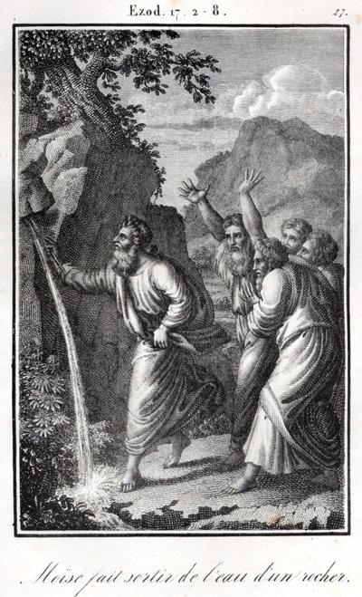 Bijbel - Mozes slaat op de rots en er komt water uit Exodus (gravure) door Artist Unknown