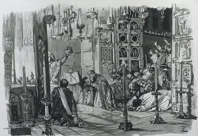 KAREL DE GROTE of KAREL I (742-814). Koning van de Franken en de Longobarden (768-814) en Heilige Roomse Keizer (800-814). Kroning van Karel de Grote als Heilige Roomse Keizer (800). Gravure. door Artist Unknown