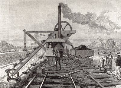 Constructie van het Panamakanaal. Baggerwerkzaamheden in het dorp Culebra. Originele tekening door Meltor Prior. Afbeelding gepubliceerd in "The Illustrated London News". Gravure. door Artist Unknown