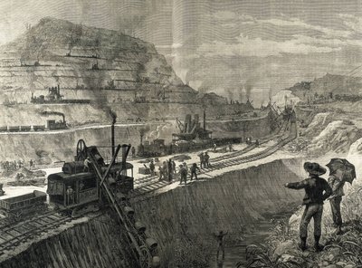 Bouw van het Panamakanaal. Baggerwerkzaamheden in het dorp Culebra. Originele tekening door Meltor Prior. Afbeelding gepubliceerd in 