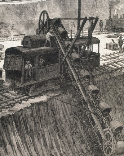 Bouw van het Panamakanaal. Baggerwerkzaamheden in het dorp Culebra. Originele tekening door Meltor Prior. Afbeelding gepubliceerd in 