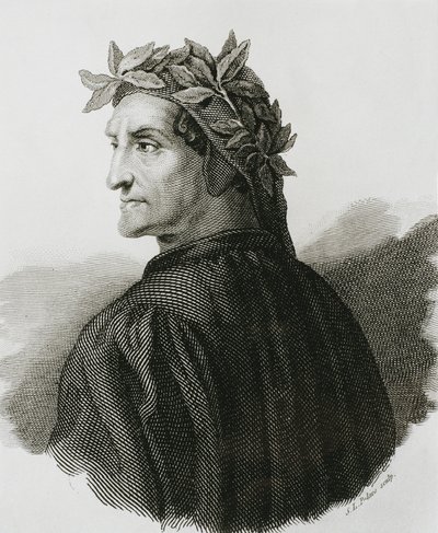 Dante Alighieri (1265-1321). Italiaanse dichter.; Raphael (1483-1520). Reproductie van een fresco van Raphael. Gravure. door Artist Unknown