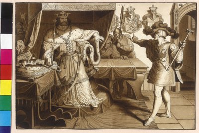 Keizer Rudolf van Habsburg sommeert koning Ottokar II door zijn heraut tot teruggave van het keizerlijk leen Oostenrijk en Stiermarken door Artist Unknown
