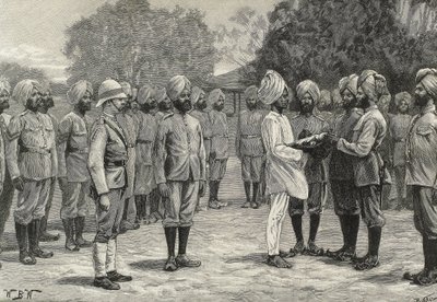 Engeland (19e eeuw). Kolonisatie. India. De nieuwe regimenten van Birma. Eedaflegging aan nieuwe rekruten. Gravure. Privécollectie door Artist Unknown