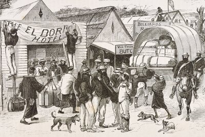 Engeland (19e eeuw). Kolonisatie (1880). Het leven van de goudzoekers in Australië. Engelse kolonie Botany Bay (gesticht in 1788) en aanvankelijk voornamelijk bevolkt door criminelen die goudzoekers en handelaren werden. Gravure. Privécollectie door Artist Unknown