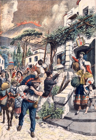 Uitbarsting van de Vesuvius, mensen op de vlucht voor de vulkaan,1906 (print) door Artist Unknown