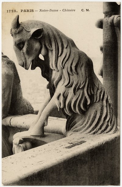 Waterspuwer of chimère van de kathedraal Notre Dame de Paris, gebouwd tussen 1163 en de 14e eeuw - Ansichtkaart, Selva collectie door Artist Unknown