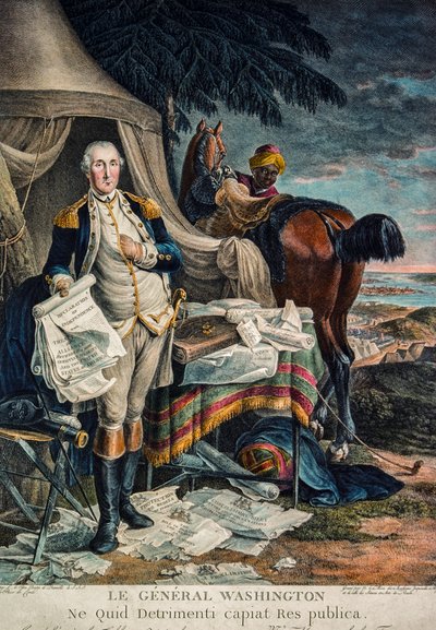 George Washington in een gevechtskamp met de Onafhankelijkheidsverklaring (handgekleurde gravure) door Artist Unknown