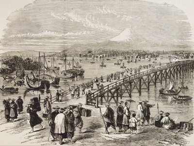 Japan (19e eeuw). Stad Edo, doorkruist door de Toniak-rivier. Gravure. Privécollectie door Artist Unknown