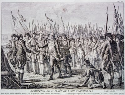 Lord Corwallis overgave van het Britse leger bij Yorktown (gravure) door Artist Unknown