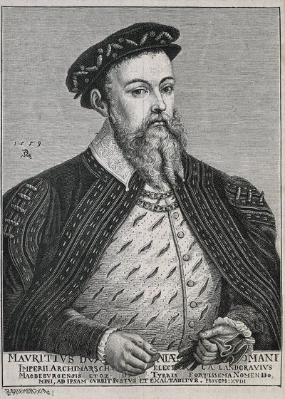 Maurits van Saksen (1521-1553). Hertog (1541-47) en later keurvorst (1547-53) van Saksen. Protestant sinds 1539. Portret gebaseerd op een schilderij van Lucas Cranach. Gravure door Artist Unknown